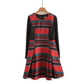 专柜769元 礼服连衣裙 打底长袖 高端品牌春秋拼接显瘦彩格修身