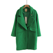 毛呢大翻领中长款 新款 休闲外套 气质女神范冬装 绿色大衣女时尚