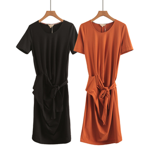设计感绑带收腰连衣裙纯棉夏韩版高级气质显瘦短袖T恤裙过膝长裙
