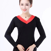 舞蹈练功服女广场舞人棉长袖 服装 上衣新款 拉丁舞跳舞服拼色领秋款