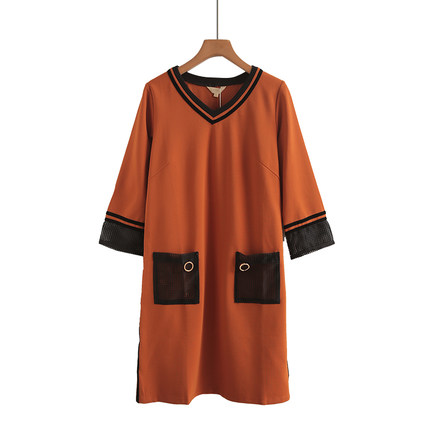 专柜699元【S】高端品牌女装V领拼接连衣裙春秋新款镂空口袋袖子