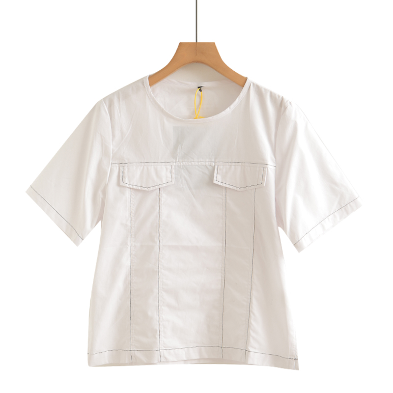 假口袋撞色明线T恤女时尚百搭设计感夏季简约百搭短款纯棉上衣