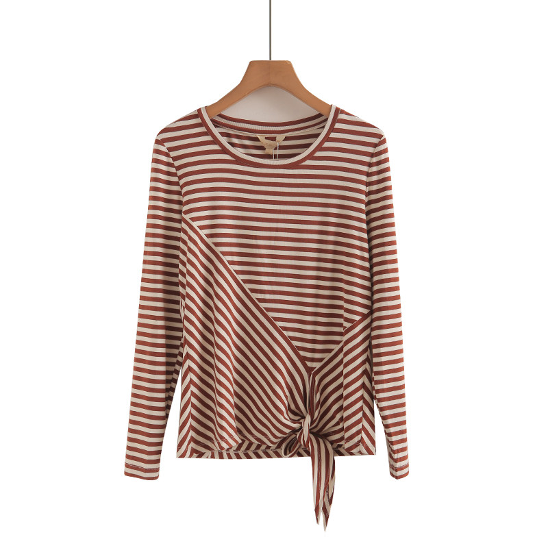 春秋独特撞色条纹收腰绑带长袖t恤上衣设计感辣妹不规则打底衫女