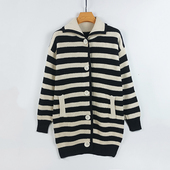 设计感针织衫 针织毛衣外套女秋季 上衣 翻领开衫 小众复古条纹中长款