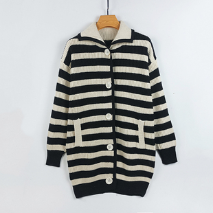 小众复古条纹中长款翻领开衫针织毛衣外套女秋季设计感针织衫上衣