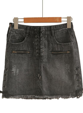 断码特价清仓刘雯同款夏季高腰a字黑色显瘦牛仔绑绳流苏半身裙