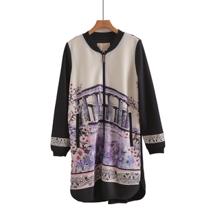 定位印花中长款 时尚 圆领黑色气质风衣休闲外套 春秋女装 2025新款