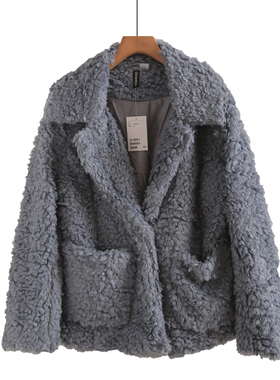 羊羔毛短款外套冬季新款外贸女装时尚一粒扣宽松长袖仿皮草大衣
