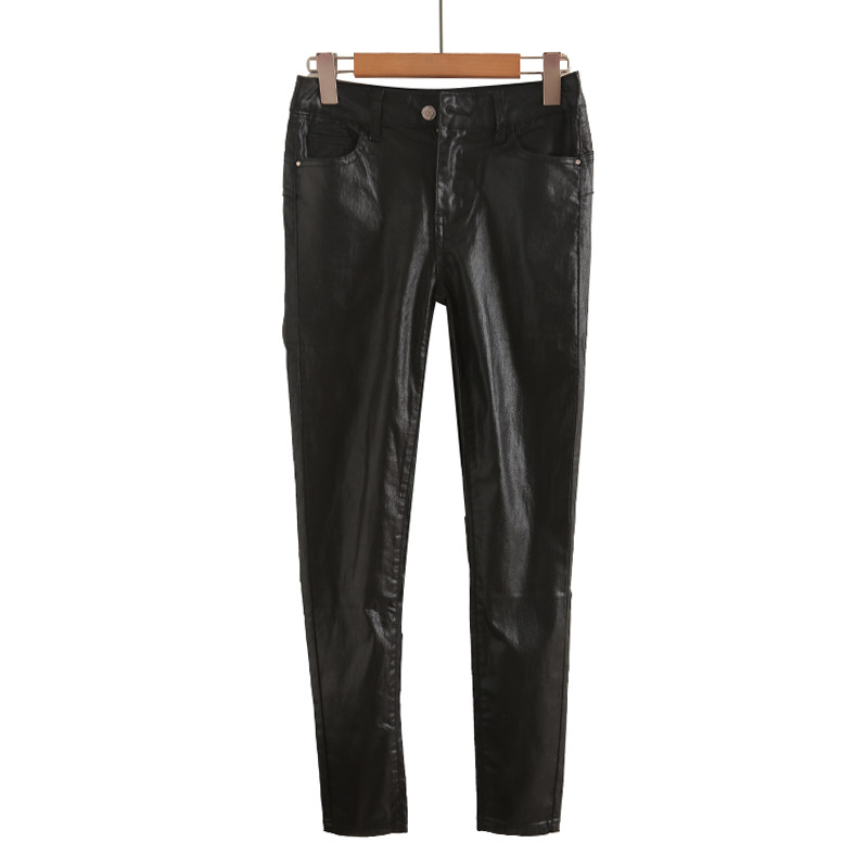 春秋新款中腰九分裤仿皮皮裤女外穿松紧腰个性紧身防水打底裤