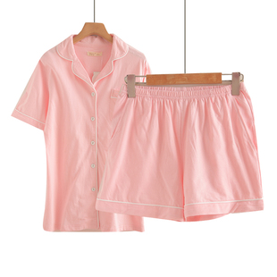 睡衣女士夏季薄款纯棉开衫翻领休闲短袖短裤家居服套装可外穿