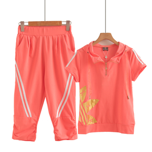 75%棉运动跑步潮牌套装女夏季休闲短袖七分裤运动休闲两件套
