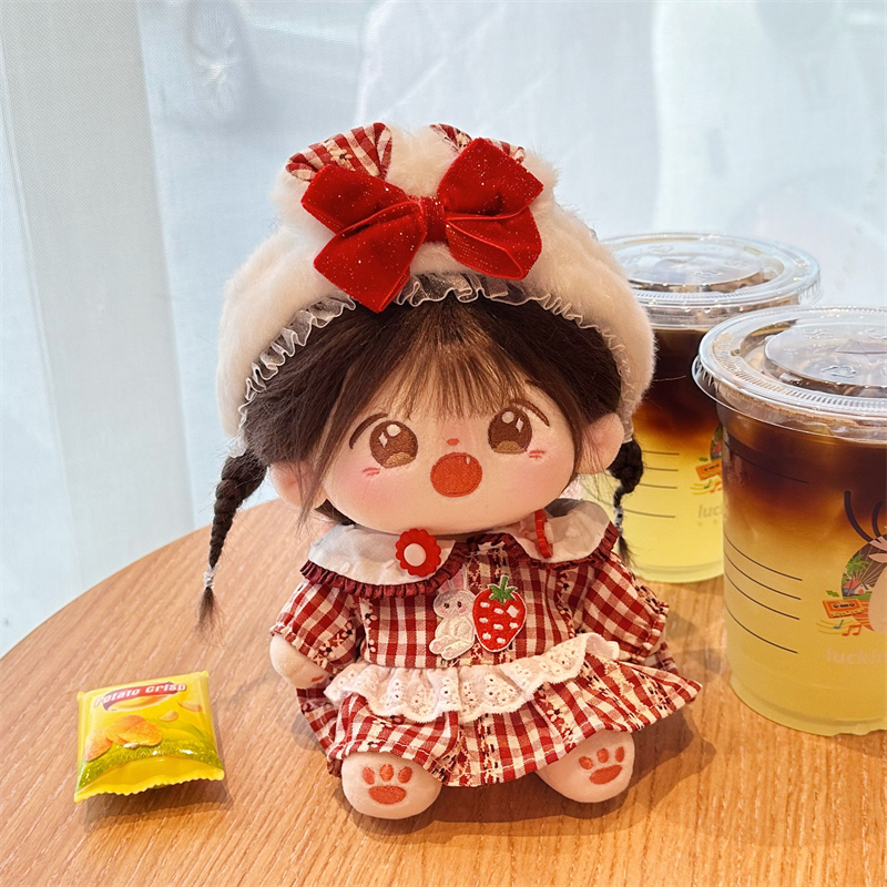 现货20cm娃衣红色格子连衣裙