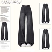 复古水洗高腰垂感阔腿裤 美式 新款 女春夏季 潮 黑灰色宽松直筒牛仔裤