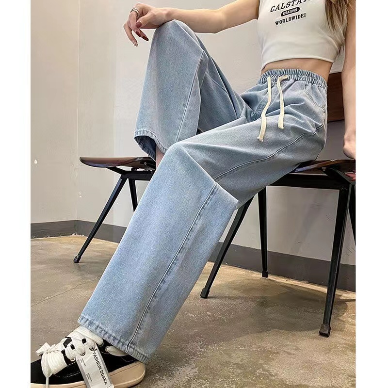 胖mm抽绳牛仔裤女小个子