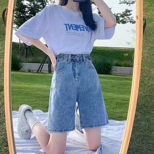 新款 大碼 女短褲 胖MM闊腿中褲 子 顯瘦寬松2023年夏季 高腰牛仔五分褲