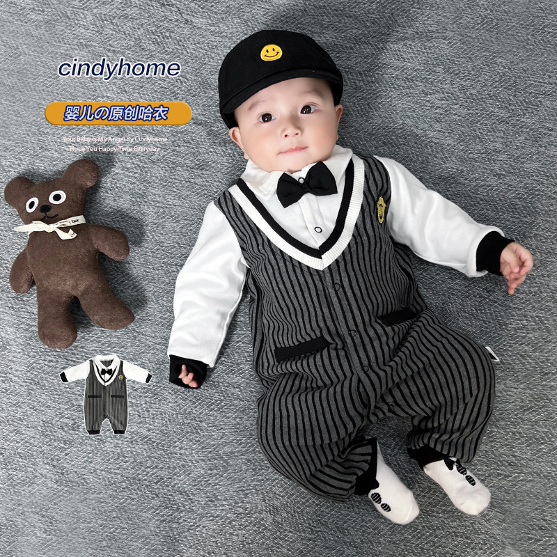 男宝宝2025新款周岁礼服婴儿长袖哈衣衣服连体衣拍百天满月照服装