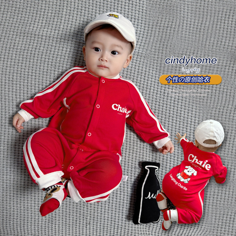 新款个性婴儿哈衣红色连体衣可爱小狗宝宝爬服潮酷新生儿外出服
