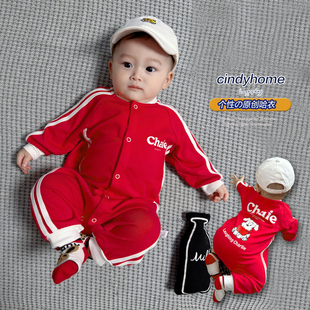 新款 婴儿哈衣红色连体衣可爱小狗宝宝爬服潮酷新生儿外出服 个性