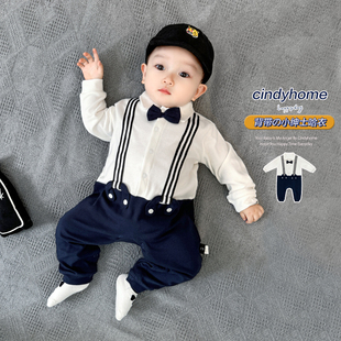 2025背带男宝宝哈衣满月百日网红洋气英伦风绅士帅连体衣婴儿衣服