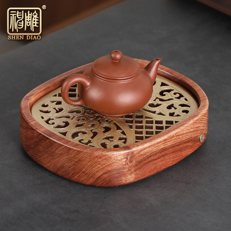 神雕花梨木干泡盘家用实木小号茶盘迷你储水式茶台简约中式方壶承