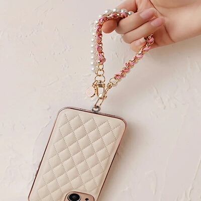 26cm Leather Pearl Camellia Mobile Phone Charm Bracelet Cha