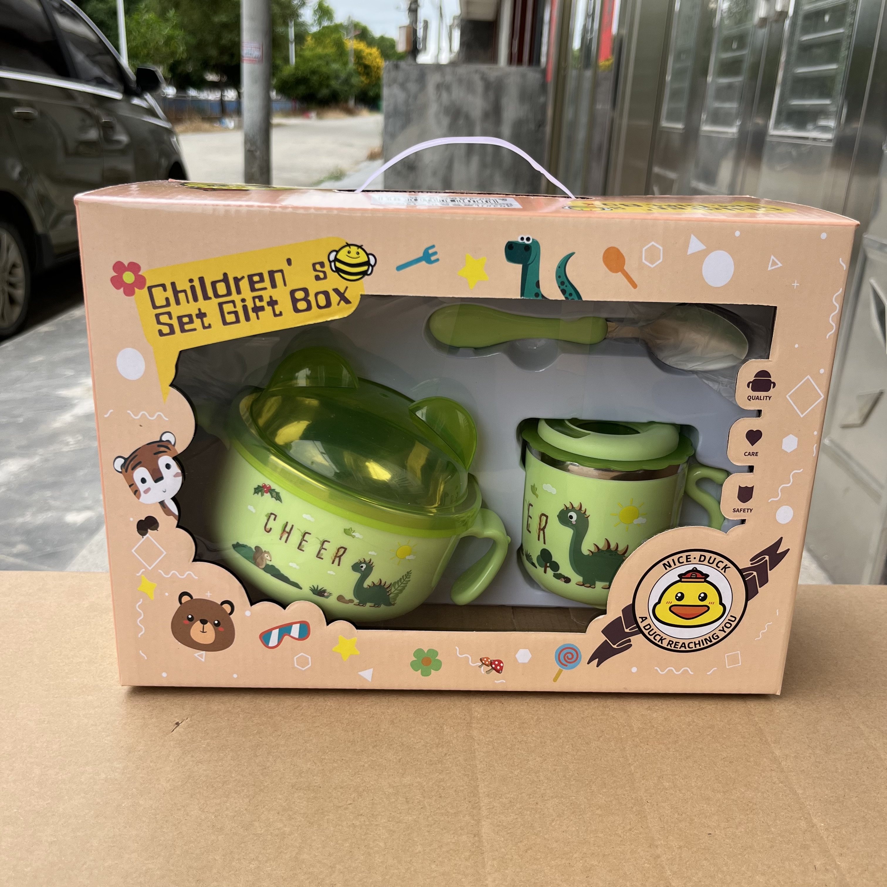 儿童304不锈钢卡通恐龙汤碗套装双层隔热宝宝饭碗幼儿园礼品定制