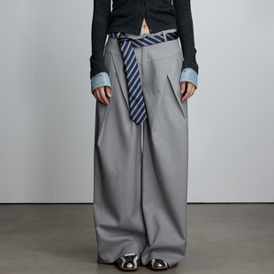 JAC FLEURANT设计师2025秋冬新款腰间褶皱阔腿裤西裤条纹休闲裤女