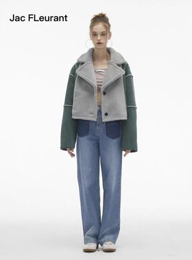 官方授权Jac FLeurant秋冬撞色加厚墨绿色灰麂皮毛绒双面穿外套女
