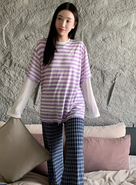 LOOSINGWHITE设计师品牌24秋冬新款条纹假两件纯天丝长袖圆领T恤