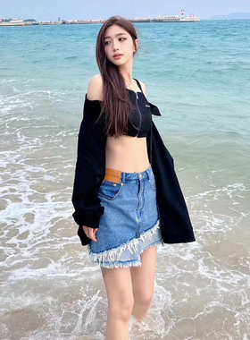 官方授权Jac FLeurant蓝色拼接毛边牛仔短裙斜边不规则牛仔裙现货