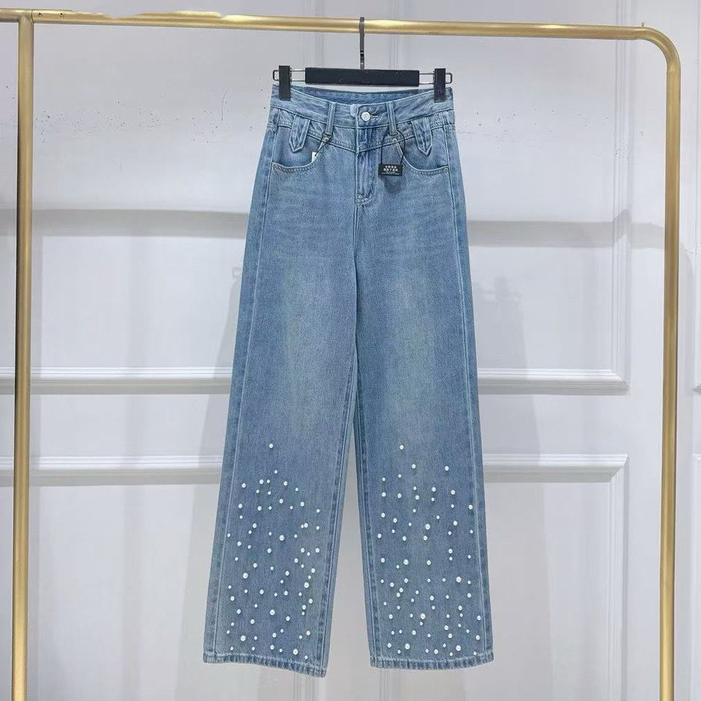 Re-re-de设计师品牌2025春夏新款珍珠双腰直筒牛仔裤洋气显高女裤
