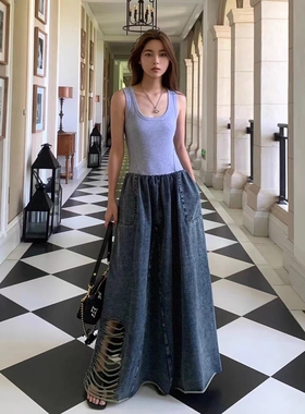 设计师品牌LOOSINGWHITE夏拼接牛仔高品质连衣裙休闲长裙女裙现货