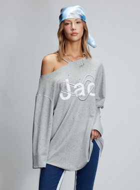 JAC FLEURANT设计师2025秋季T恤女长袖灰色印花钉珠露肩吊带上衣