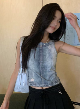 LOOSINGWHITE设计师品牌24夏季新款牛仔背心针织上衣无袖潮流小衫