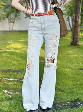 JAC FLEURANT2025春夏新品浅蓝色中低腰破洞微喇显瘦女式牛仔裤潮