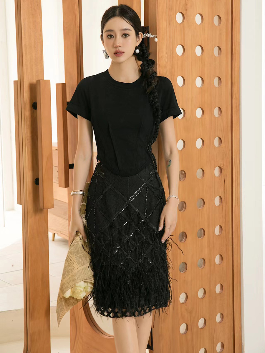 时尚女裙优雅羽毛装饰半裙中长裙