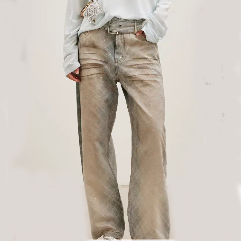 JAC FLEURANT设计师2026春夏新款做旧脏闪粉格纹腰带弯刀牛仔裤女,女装/女士精品,牛仔裤,淘宝优惠券,粉丝福利购,淘宝优惠卷