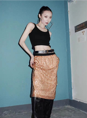 LOOSINGWHITE设计师秋亮片半身裙BingBing裙半裙女裙特价5折现货