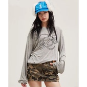 灰色烫钻LOGO链条绣花长袖 JAC FLEURANT2026春夏新款 天丝上衣T恤