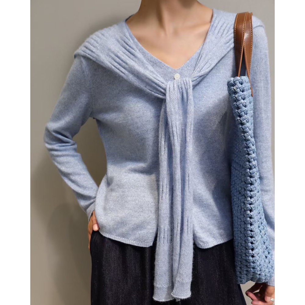 洋气显白蓝色女装上衣优雅短毛衫