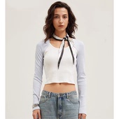 JAC FLEURNAT2026春夏新白蓝拼色假两件刺绣LOGO长袖 上衣圆领T恤