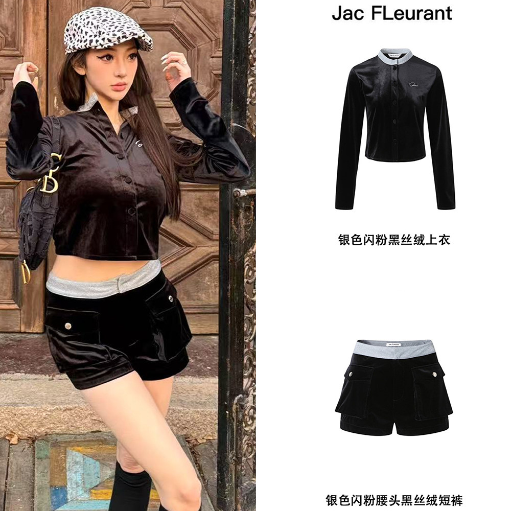 设计感洋气黑色丝绒上衣短裤女装图片