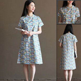 改良旗袍文艺A字裙女 宽松遮肚子中式 纯棉碎花田园风2025夏季 新款