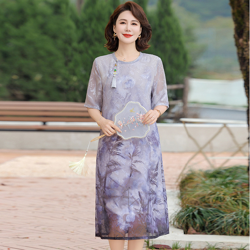 2025年妈妈雪纺连衣裙夏季新款40岁50中年国风新中式宽松遮肚裙子