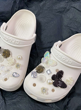 US8ACC黑白优雅水晶复古珍珠蝴蝶玫瑰适配crocs洞洞鞋装饰DIY鞋扣