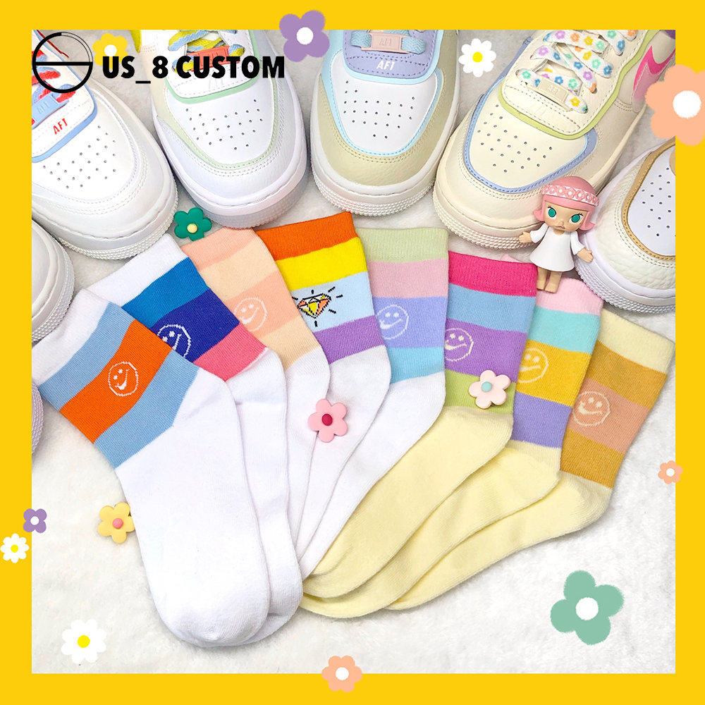 us8acc淡粉蓝拼接色浅色aj1马卡龙鸳鸯af1shadow笑脸彩虹袜