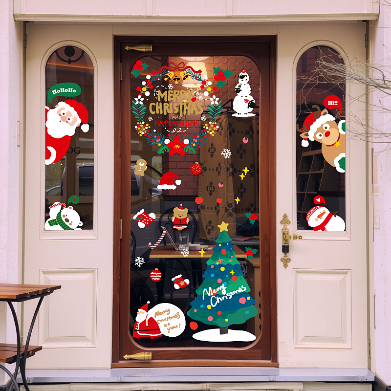 圣诞节装饰玻璃贴纸花环老人圣诞树静电贴窗花店铺门窗贴橱窗场景