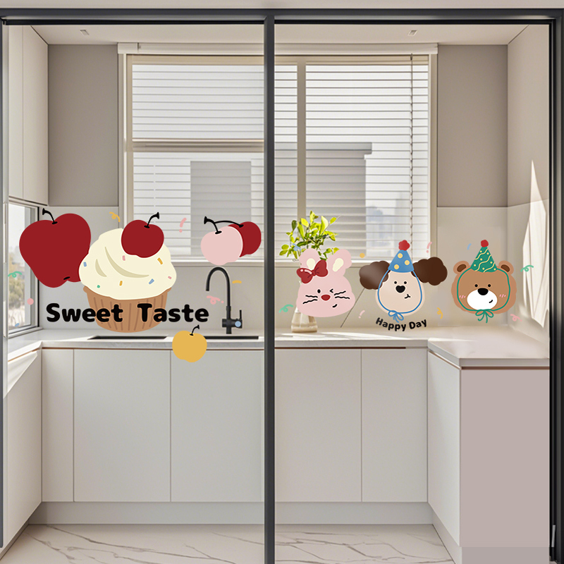 可爱卡通厨房防撞玻璃门贴膜家用透明浴室厕所卫生间装饰静电贴纸