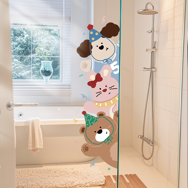 卡通卫生间窗户防水贴纸厕所玻璃贴画浴室透明装饰防撞遮丑静电贴