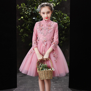 粉色儿童礼服公主裙花童短款婚纱女童生日洋气纱裙钢琴演出服秋冬